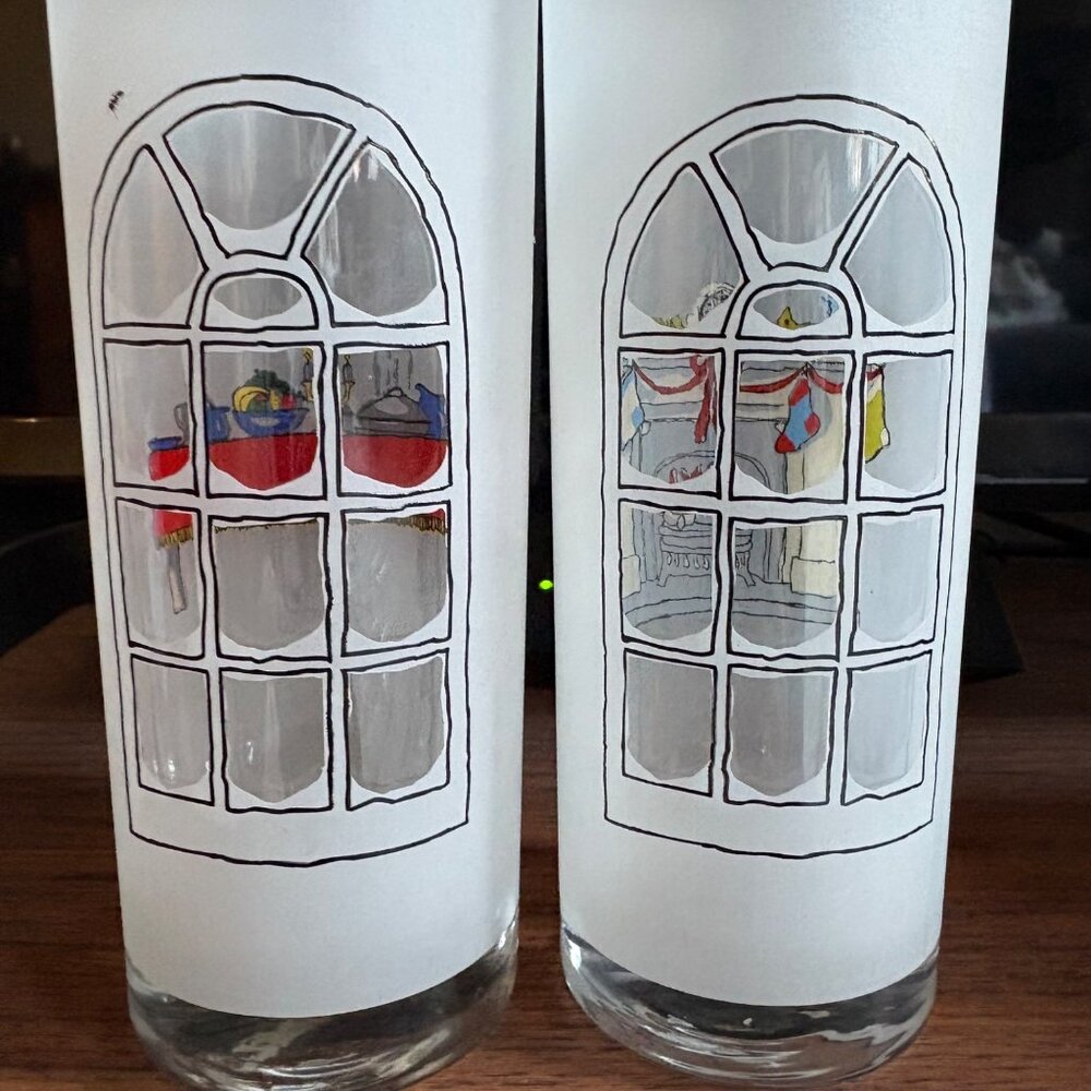 Vintage Frosted Highball Tumblers Festive Scenes Fireplace, Xmas Tree, Stockings